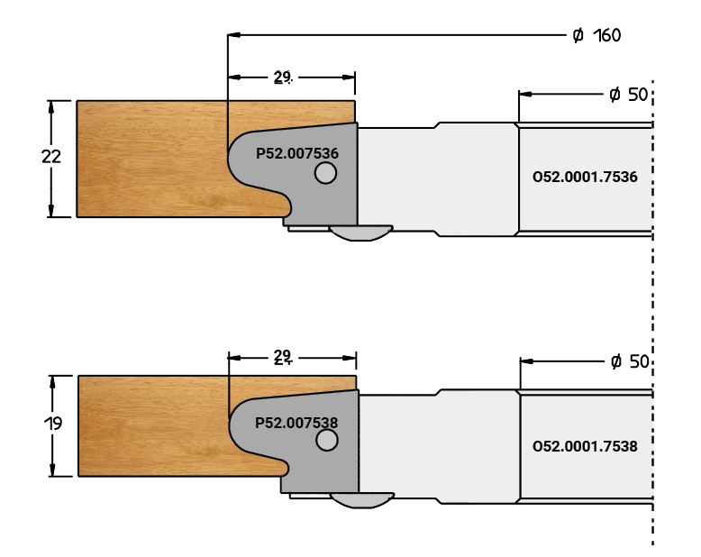 P.O. à profiler   à plaquettes HW  Ø 160  LU. 19  d 50  Z 2 Rot. Droite  Tr. Dessous