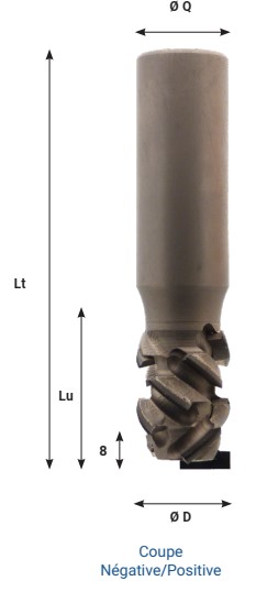Mèche à défoncer Diamant ( H=4.5) Finition Ø25 LC.45 LU.45 LT.115 Q25 Z2+2 Hél. Positive/Négative (LP=8) Rot.Droite - Corps Acier ULTRA-BIAISE 54°