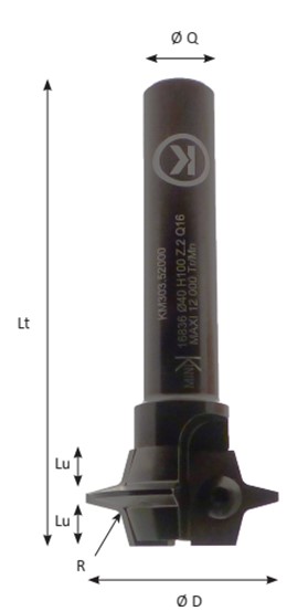 Mèche à profiler à plaquettes HW 1/4 de rond R3 Ø40 LC.3 LU.3 LT.100 Q16 Z2 Neutre Rot.Droite Travail dessus / dessous