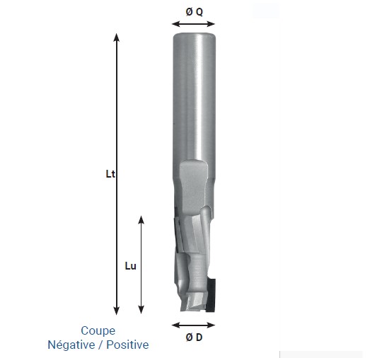 Mèche à défoncer Diamant ( H=2.5) Finition Ø16 LC.45 LU.45 LT.105 Q16 Z1+1 Hél. Positive/Négative Rot.Droite - Corps Acier inox