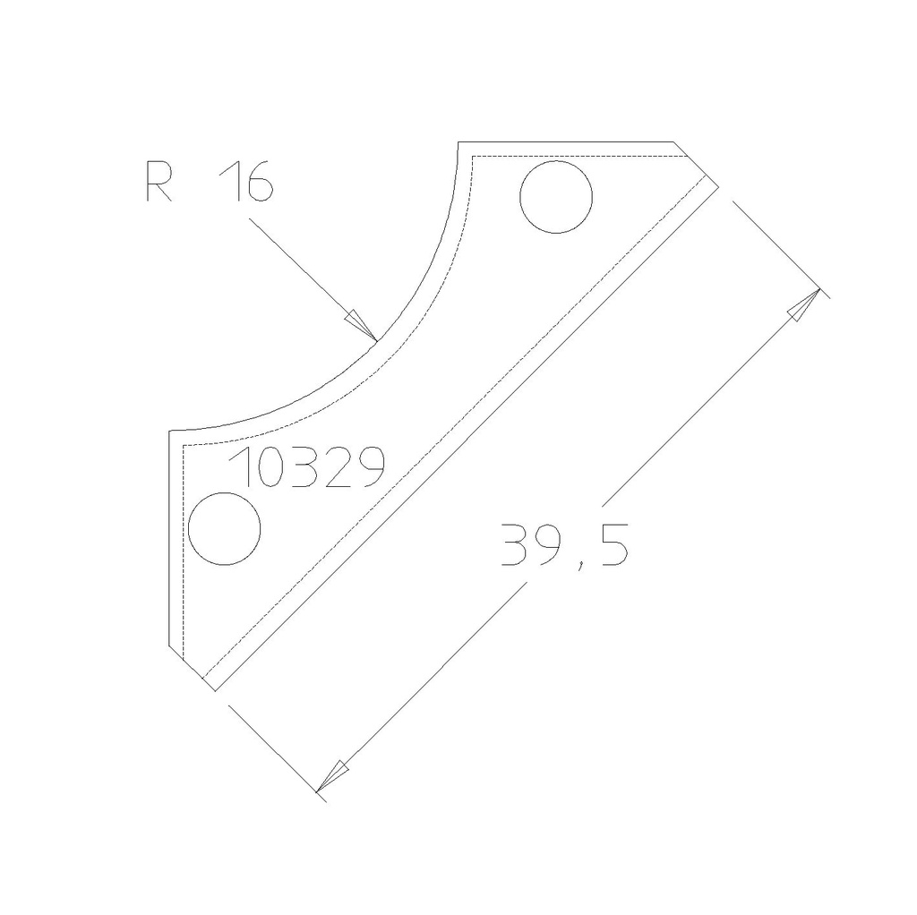 Plaquette 1/4 de rond R16 dessous 39.5x12x1.5 mm
