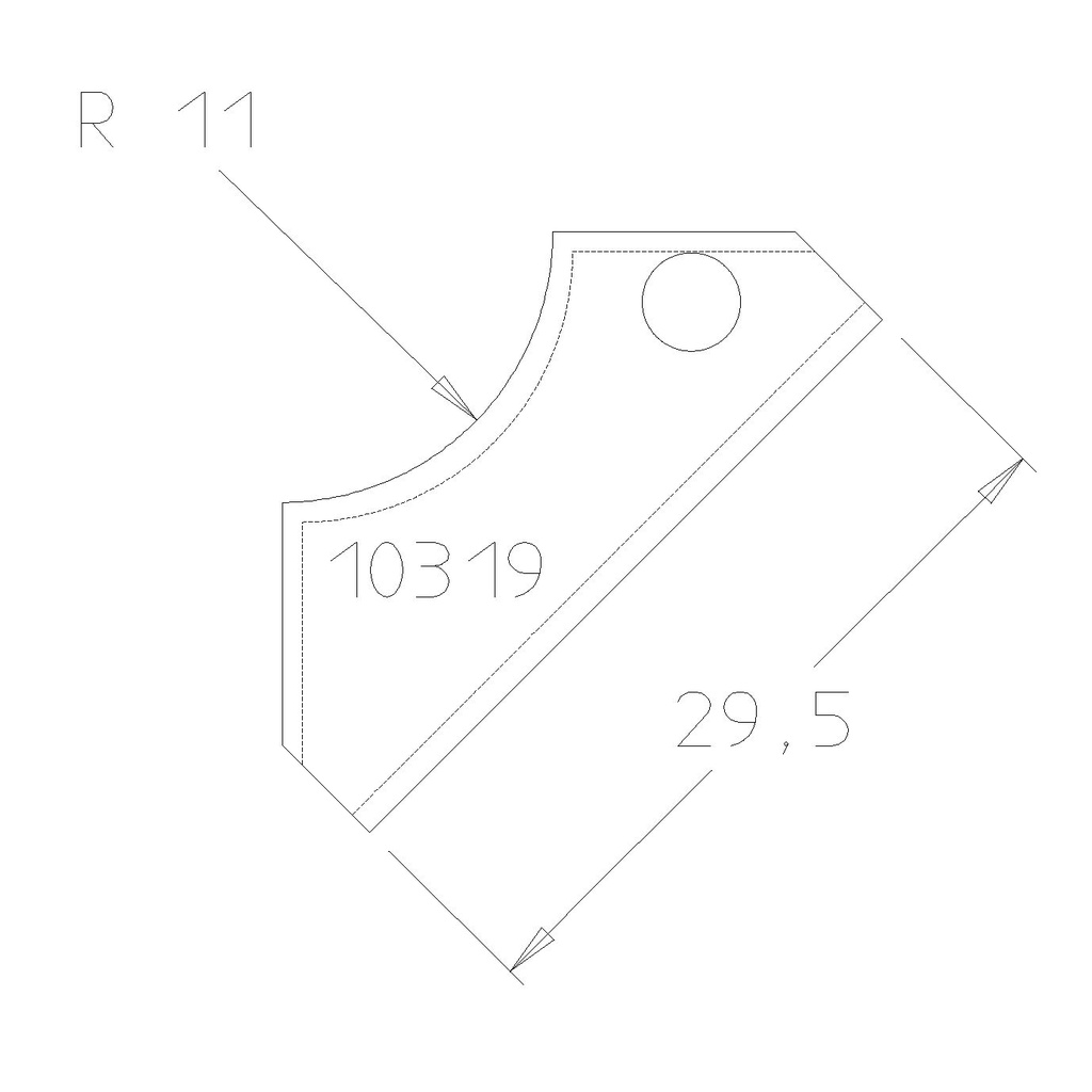 Plaquette 1/4 de rond R11 dessous 29.5x12x1.5 mm