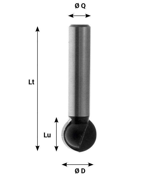 Mèche à profiler HW Brasé Boule R14.3 Ø28.6 LC.27 LU.27 LT.70 Q12 Z2 Rot.Droite 