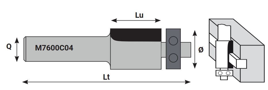 Mèche à affleurer SolidSurface HW Brasé Ø19 LC.25 LU.25 LT.82 Q12 Z2 Rlmt.à l'extrémité Rot.Droite 