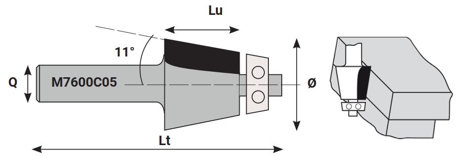Mèche à profiler SolidSurface HW Brasé Pente 11° Ø30 LC.25 LU.25 LT.70 Q12 Z2 Rlmt.à l'extrémité Rot.Droite 