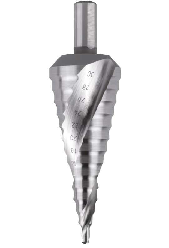 Foret métaux   HSS   Etagé  Ø 4 à 30 (2)  LU. 4  LT. 100  Q 10   3 méplats  Z 2  Rot. Droite 