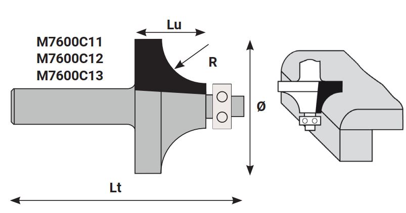 Mèche à profiler SolidSurface HW Brasé 1/4 de rond R12.7 Ø38 LC.19 LU.19 LT.65 Q12 Z2 Rlmt.à l'extrémité Rot.Droite 