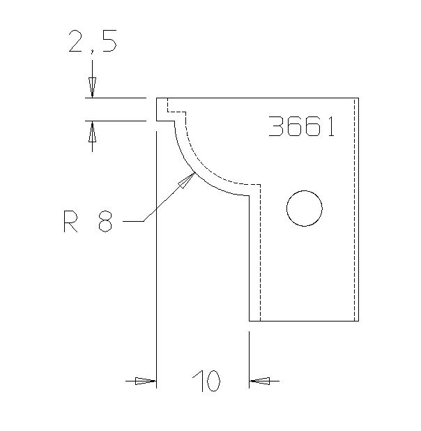 PLAQUETTE CONTRE PROFIL 1/4 ROND 8MM CARRE 2.5MM T.DESSOUS