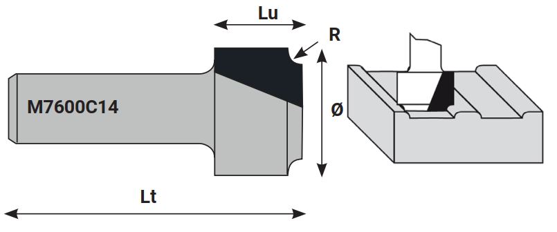 Mèche à profiler SolidSurface HW Brasé Egouttoir R2 Ø24.6 LC.16 LU.16 LT.60 Q12 Z2 Rot.Droite 