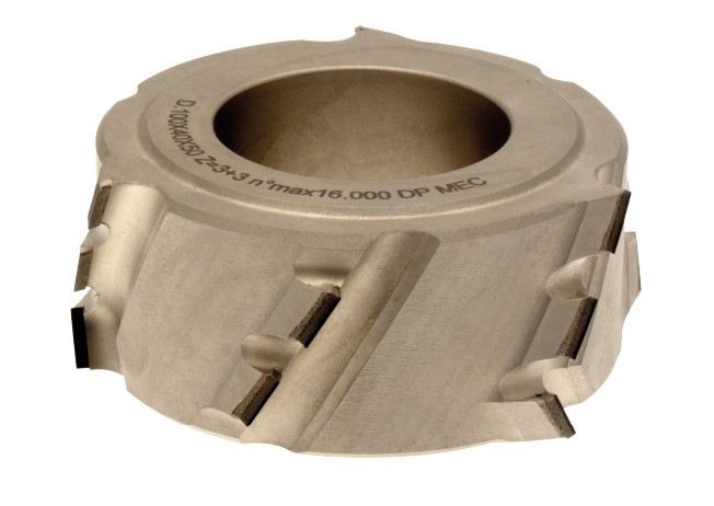 Fraise à calibrer   Diamant  Ø 100  LU. 46  d 50  Z 3+3 Fractionnée   Hél. Positive/Négative  Rot. Droite  (  H=2.5 )