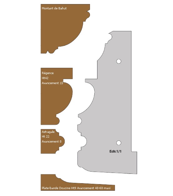 Jeu de 2 déflecteurs UGH   Montant de bahut - Régence - Astragale - Plate-bande doucine 