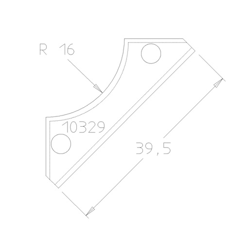 Plaquette 1/4 de rond R16 dessous 39.5x12x1.5 mm