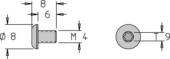 Vis tête bombée   M4  x 8   Torx T9 